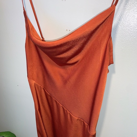 Dark Orange Silk/ Satin Long Dress with Slit - Picture 2 of 6